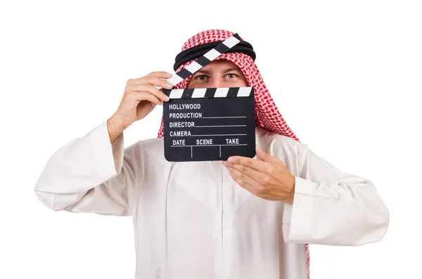 Arabische man met film klepel op wit — Stockfoto