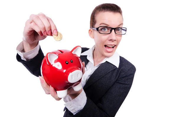 Woman with piggybank on white — Stock Photo, Image