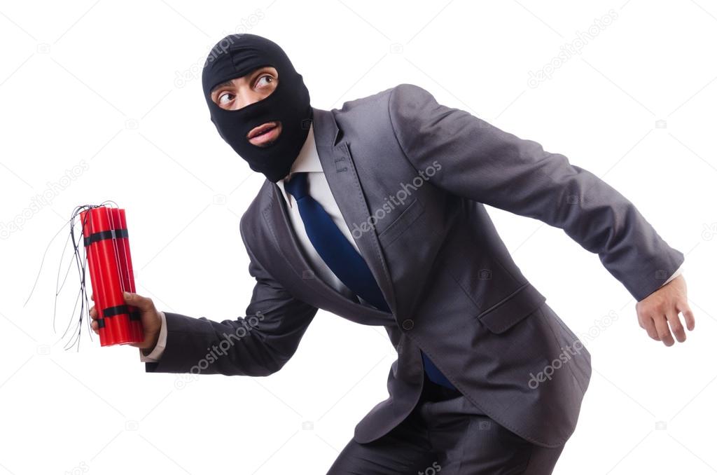Terrorist with dynamite isolated on white