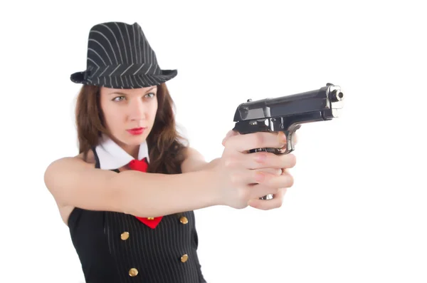 Mujer joven gangster con arma de fuego en blanco — Foto de Stock