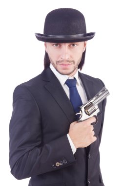 Silahlı bir adam beyazın üzerinde izole edilmiş.