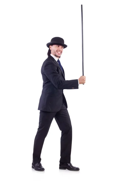 Man dancing with walking stick on white — Stock Photo, Image