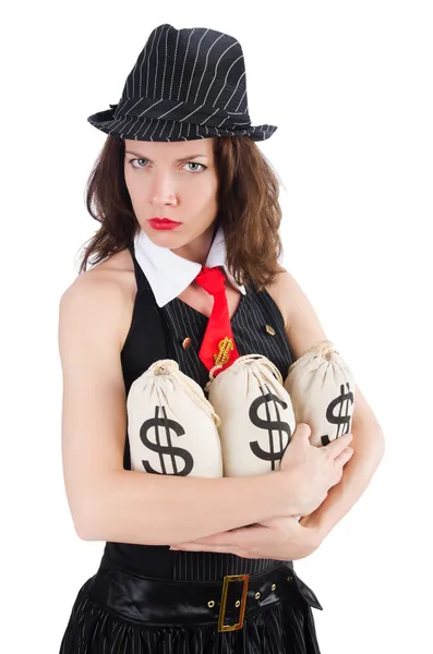 Kobieta gangster z workami pieniędzy na białym — Zdjęcie stockowe