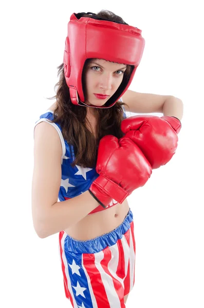 Vrouw bokser in uniform met Amerikaanse symbolen — Stockfoto