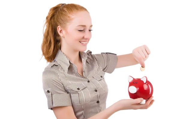 Redhead with piggybank isolated on the white — Stock Photo, Image