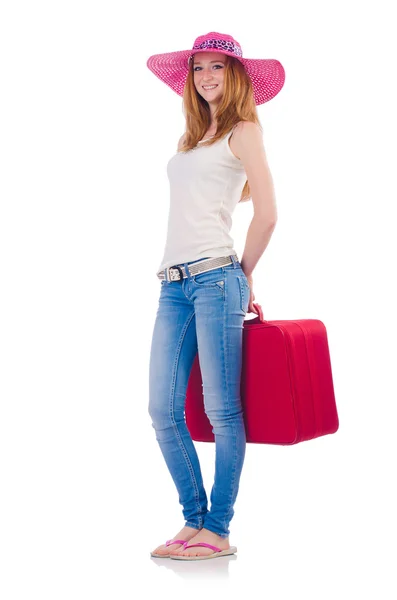 Girl with suitcases isolated on white — Stock Photo, Image