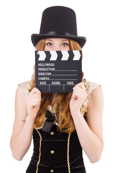 Young woman with movie board on white — Stock Photo, Image