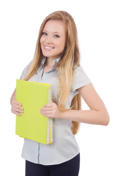 Junge Studentin mit Büchern auf weiß — Stockfoto