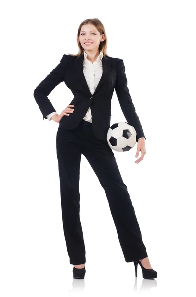 Businesswoman with football on white — Stock Photo, Image