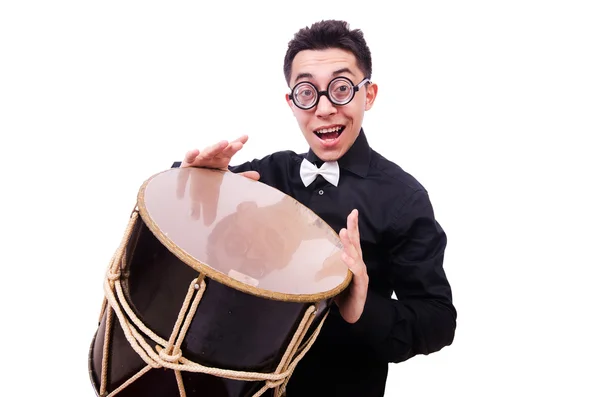 Funny man with drum on white — Stock Photo, Image