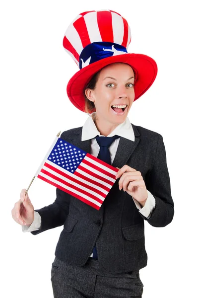 Young woman with american symbols on white — Stock Photo, Image