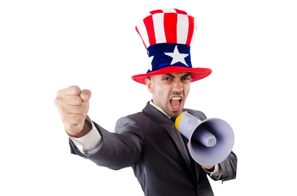 Man with loudspeaker and american hat — Stock Photo, Image