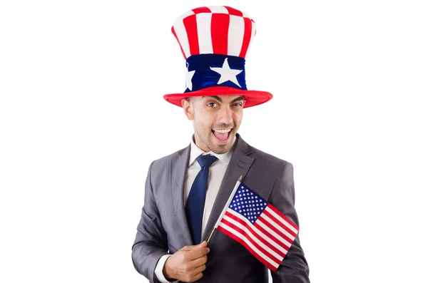 Hombre con bandera americana y sombrero —  Fotos de Stock