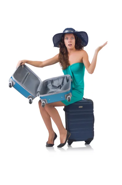 Frau fährt isoliert auf Weiß in den Sommerurlaub — Stockfoto