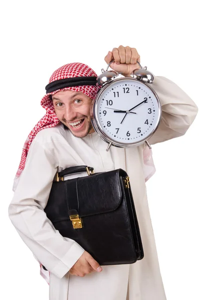 Hombre árabe en el tiempo concepto en blanco — Foto de Stock