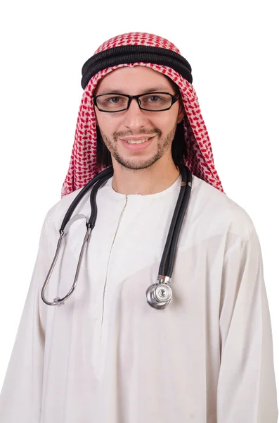 Médico árabe com estetoscópio em branco — Fotografia de Stock