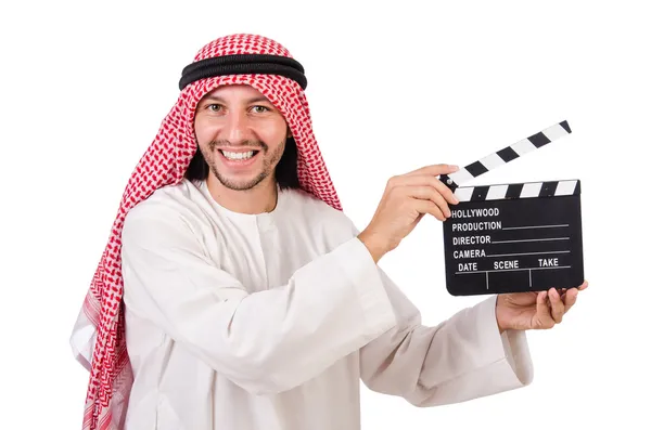 Árabe hombre con película clapper en blanco — Foto de Stock