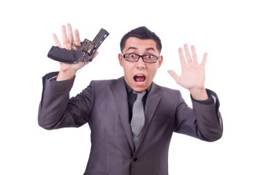 Beyaz silahlı komik iş adamı.