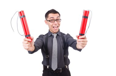 Dinamiti olan bir iş adamı beyazda izole edilmiş.