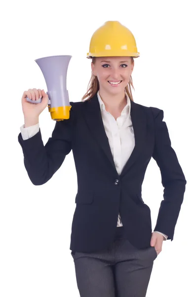Giovane donna d'affari con cappello duro su bianco — Foto Stock