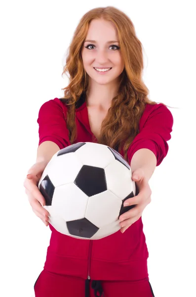 Женщина с футболом на белом — стоковое фото
