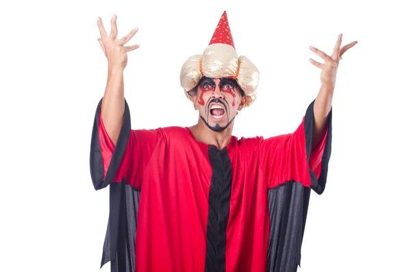 Feiticeiro em traje vermelho isolado em branco — Fotografia de Stock