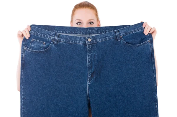 Frau mit großen Jeans im Diätkonzept — Stockfoto