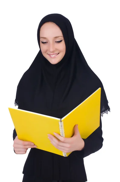 Young muslim student with books on white — Stock Photo, Image