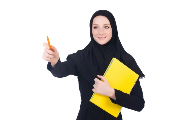 Young muslim student with books on white — Stock Photo, Image