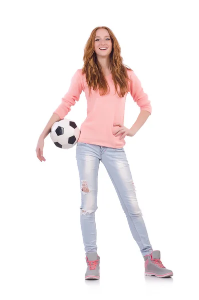 Frau mit Fußball auf Weiß — Stockfoto