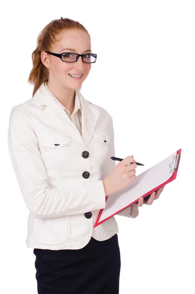 Junge Studentin mit Bindemittel auf weißem Papier — Stockfoto