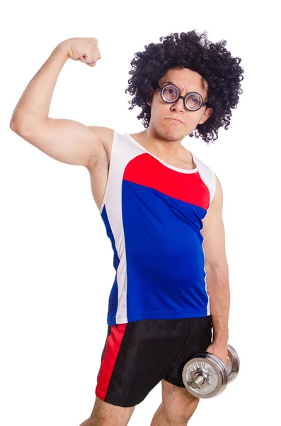 Hombre divertido haciendo ejercicio con pesas —  Fotos de Stock