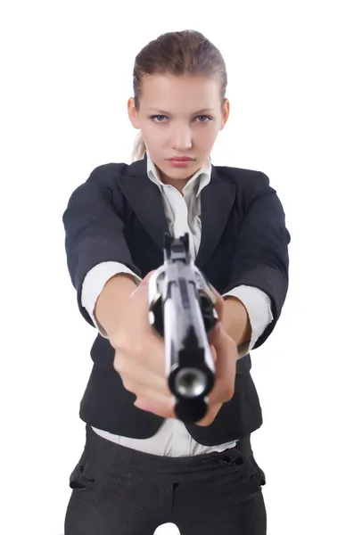 Mujer mujer de negocios con pistola en blanco —  Fotos de Stock