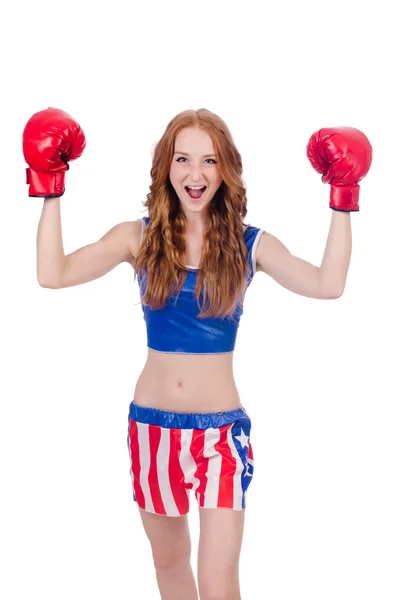 Vrouw bokser in uniform met Amerikaanse symbolen — Stockfoto