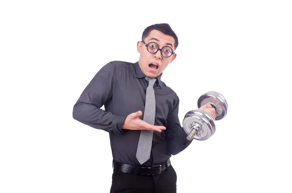 Funny businessman with dumbbells isolated on white — Stock Photo, Image