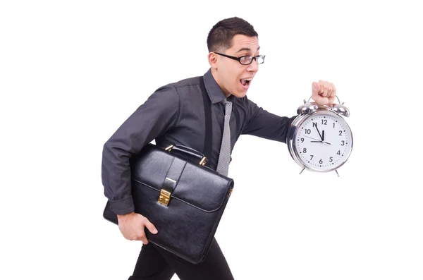 Homme d'affaires drôle avec horloge isolé sur blanc — Photo