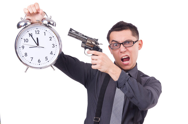 Funny businessman with clock and gun