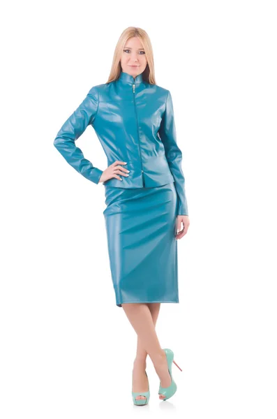 Kvinna modell i blå läder kostym — Stockfoto