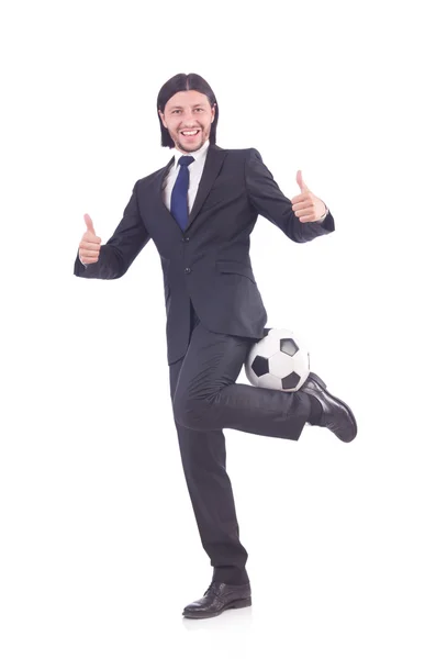 Hombre con fútbol aislado en blanco — Foto de Stock