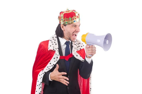 King businessman with loudspeaker isolated on white — Stock Photo, Image