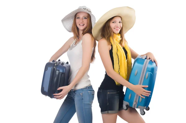 Mujer yendo a vacaciones de verano aislado en blanco —  Fotos de Stock