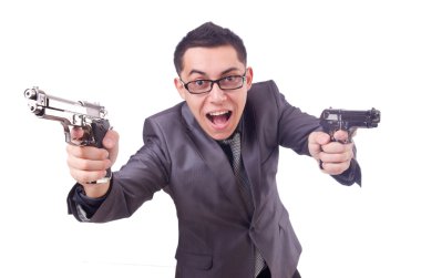 Beyaz silahlı komik iş adamı.