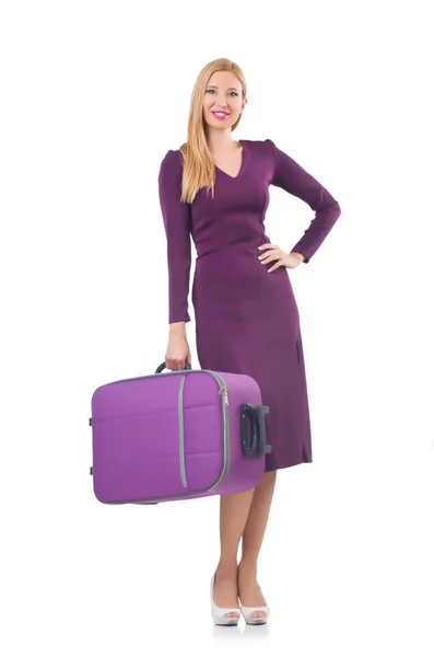 Woman preparing for vacation with suitcase on white — Stock Photo, Image