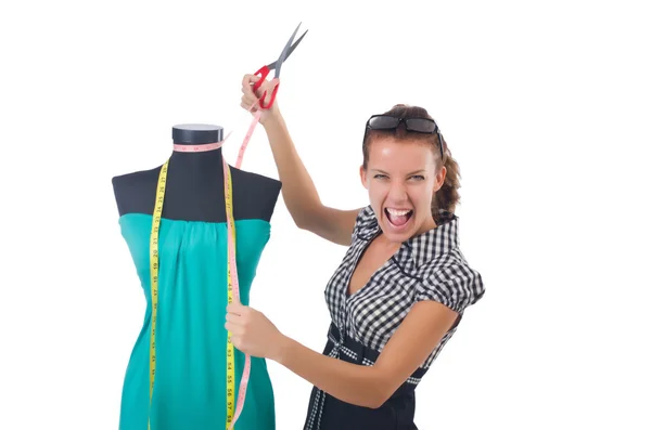 Vrouw kleermaker werken op witte achtergrond — Stockfoto