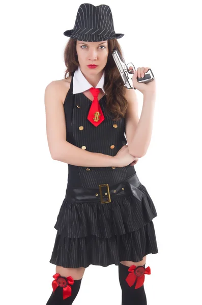 Young woman gangster with gun on white — Stock Photo, Image