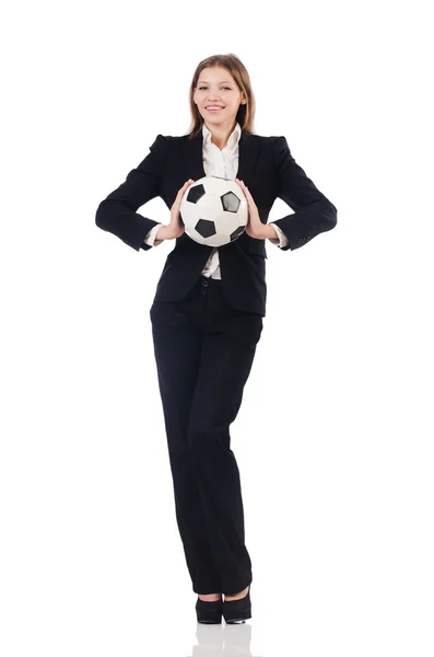 Femme d'affaires avec football sur blanc — Photo