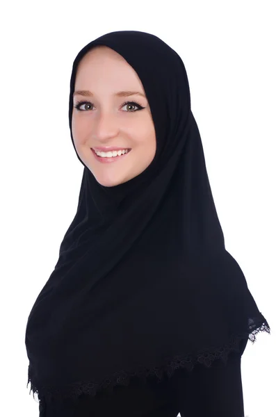 Frau mit muslimischer Burka isoliert auf weiß — Stockfoto