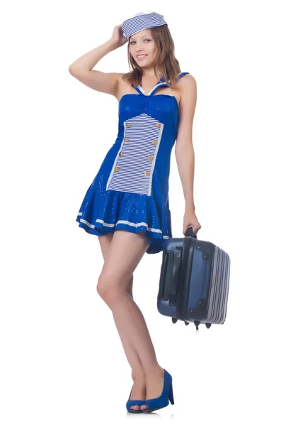 Žena cestovní asistentka s kufrem na bílém — Stock fotografie