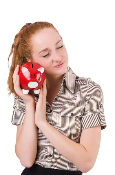 Redhead with piggybank isolated on the white — Stock Photo, Image