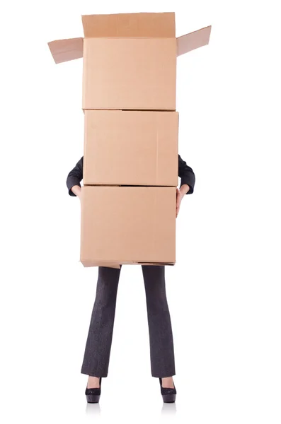 Woman businesswoman with boxes on white — Stock Photo, Image